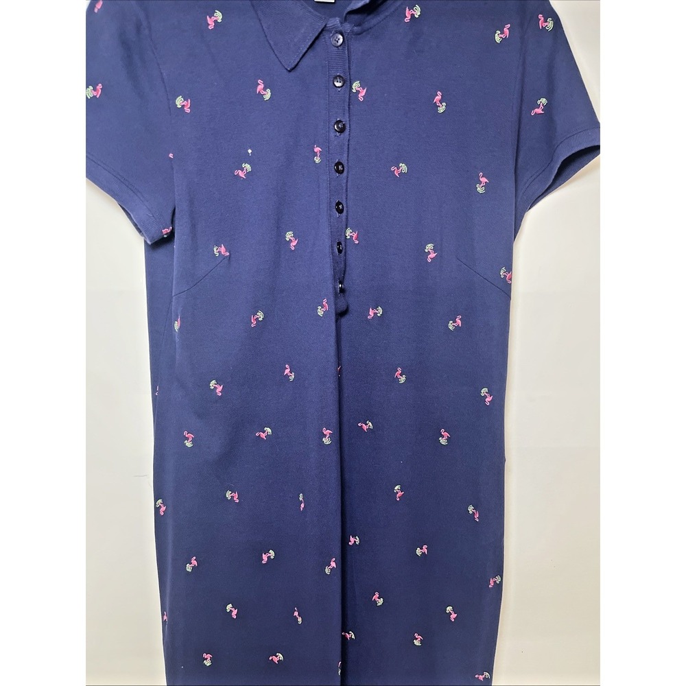 Talbots Polo Dress Womens L Blue Flamingo Embroidered AOP All Over Buttons - Picture 2 of 8